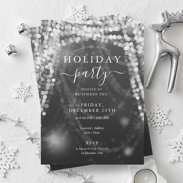 Invitation Elégant Silver Company Fête de fêtes Lumières à co (Elegant Silver Company Holiday Party String Lights Invitation)