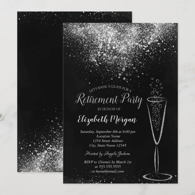 Invitation Élégant Silver Confetti Glass Black Retraite (Devant / Derrière)
