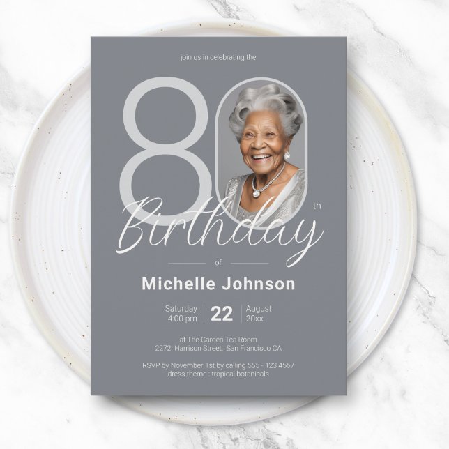 Invitation Elegant Silver Custom Photo 80th Birthday (Elegant Silver Custom Photo 80th Birthday Invitation)