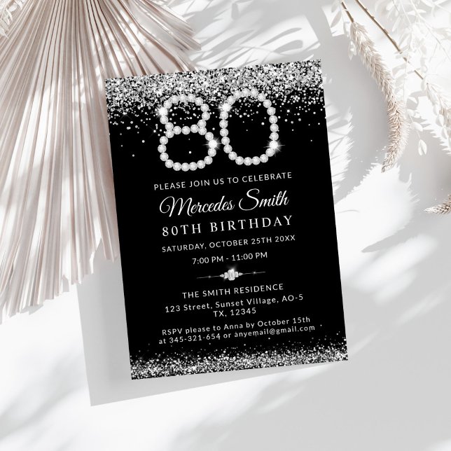 Invitation Elégant Silver Diamonds 80e fête d'anniversaire (Glam Silver Diamonds 80th Birthday Party Invitation )