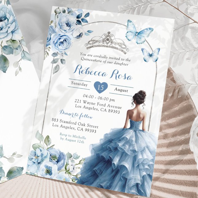 Invitation Elégant Silver Dusty Blue Butterfly Quinceañera (Créateur téléchargé)