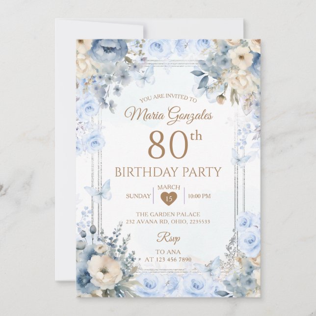 Invitation Elegant Silver & Dusty Blue Roses 80th Birthday (Devant)