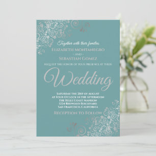 Invitation Elégant Silver Frills Turquoise Mariage