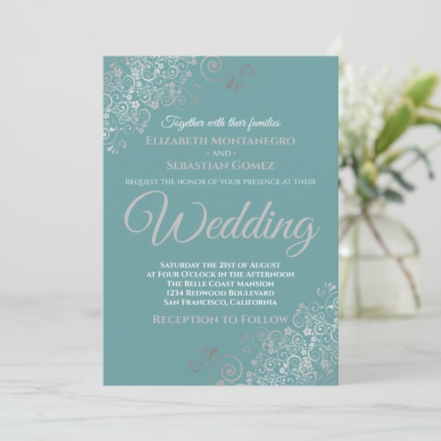Invitation Elégant Silver Frills Turquoise Mariage (Debout devant)