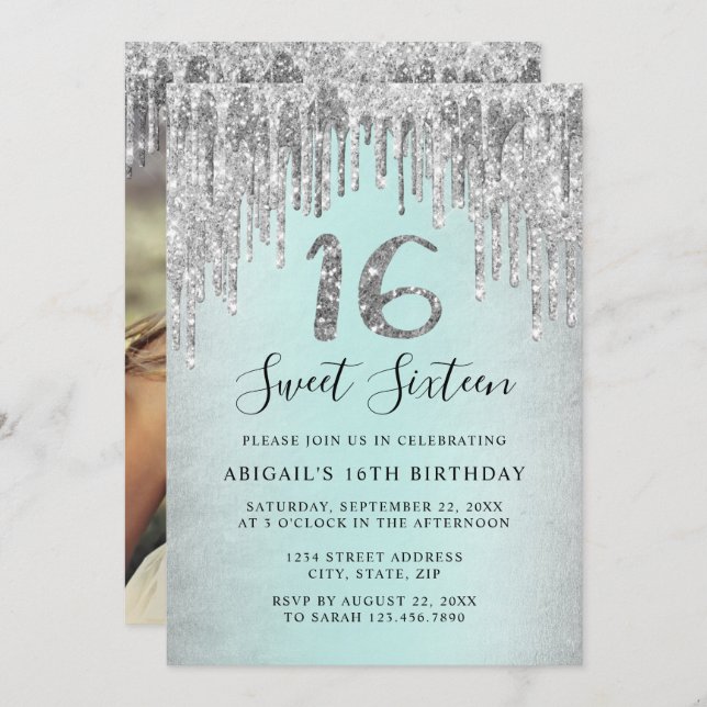Invitation Elegant silver glitter drips sweet sixteen photo (Devant / Derrière)