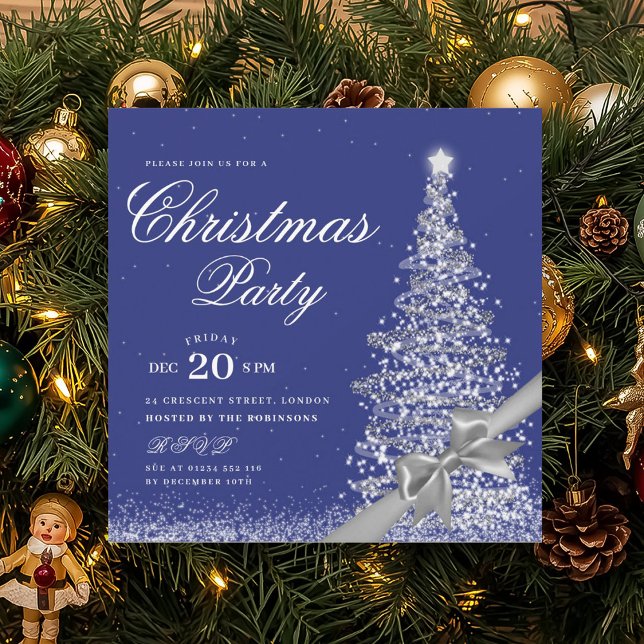 Invitation Elegant Silver Navy Winter Christmas Tree Bow  (Elegant Silver Winter Christmas Tree Bow Invitation)