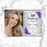 Invitation Elégant Silver Purple Photo 50e anniversaire<br><div class="desc">Elégante invitation au 50e anniversaire fleurie féminine avec votre photo. Design de glam avec fausse parties scintillant argent. Comprend des rayures, des roses violets, des caractères de script et des confettis. Parfait pour une fête anniversaire adulte élégante. Personnalisez avec vos propres détails. Peut être customisé pour n'importe quel âge !...</div>