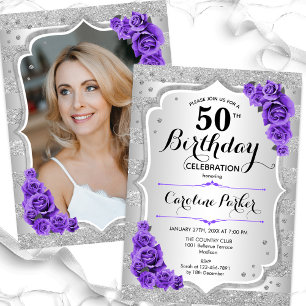 Invitation Elégant Silver Purple Photo 50e anniversaire