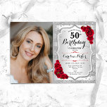 Invitation Elégant Silver Red Roses Photo 50e anniversaire<br><div class="desc">Elégante invitation au 50e anniversaire fleurie féminine avec votre photo. Design de glam avec fausse parties scintillant argent. Comprend des rayures, des roses rouges, des caractères de script et des confettis. Parfait pour une fête anniversaire adulte élégante. Personnalisez avec vos propres détails. Peut être customisé pour n'importe quel âge !...</div>