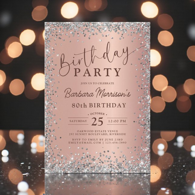 Invitation Elegant Silver Rose Gold Glitter 80th Birthday (Créateur téléchargé)