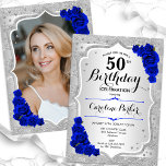 Invitation Elégant Silver Royal Blue Photo 50e anniversaire<br><div class="desc">Elégante invitation à 50e anniversaire fleurie avec votre photo au verso de la carte. Design de glam avec fausse parties scintillant argent. Comprend des rayures argentées, des roses bleus royaux, des caractères de script et des confettis. Parfait pour une fête anniversaire adulte élégante. Personnalisez avec vos propres détails. Peut être...</div>