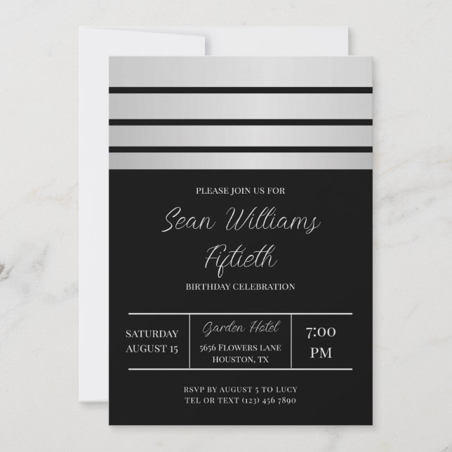 Invitation Elégant Silver Stripes Masculine Anniversaire (Devant)