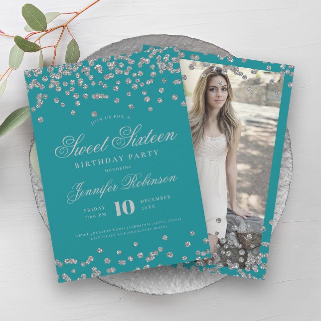 Invitation Elégant Silver Turquoise Confetti Photo Sweet 16 (Elegant Silver Turquoise Confetti Photo Sweet 16 Invitation)