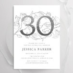 Invitation Elégant Silver White 30e anniversaire<br><div class="desc">Elégante invitation à la fête du 30e anniversaire en argent blanc. Design féminin moderne et personnalisable avec des accents botaniques rose et de la fausse parties scintillant argent. Carte invitation florale simple parfaite pour une célébration anniversaire élégante. Personnalisez avec vos propres détails. Invitations Zazzle imprimées ou téléchargement instantané modèle imprimable...</div>