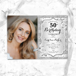 Invitation Elégant Silver White Photo 50e anniversaire<br><div class="desc">Elégante invitation au 50e anniversaire fleurie féminine avec votre photo. Design de glam avec fausse parties scintillant argent. Comprend des rayures, des roses blanches, des caractères de script et des confettis. Parfait pour une fête anniversaire adulte élégante. Personnalisez avec vos propres détails. Peut être customisé pour n'importe quel âge !...</div>