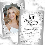 Invitation Elégant Silver White Photo 50e anniversaire<br><div class="desc">Elégante invitation à 50e anniversaire fleurie avec votre photo au verso de la carte. Design de glam avec faux argent. Comprend des roses blanches, des caractères de script et des confettis. Parfait pour une fête anniversaire adulte élégante. Personnalisez avec vos propres détails. Peut être customisé pour n'importe quel âge !...</div>