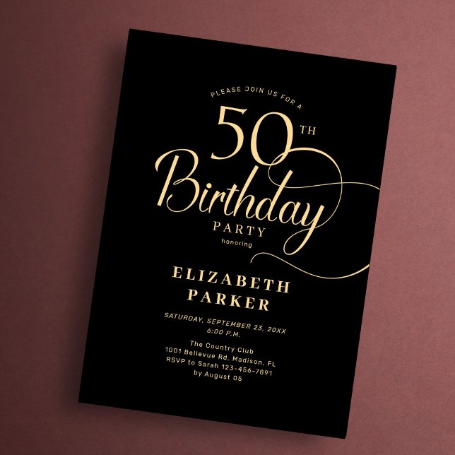 Invitation Elégant Simple Anniversaire 50 Ans Noir Or Script (Créateur téléchargé)