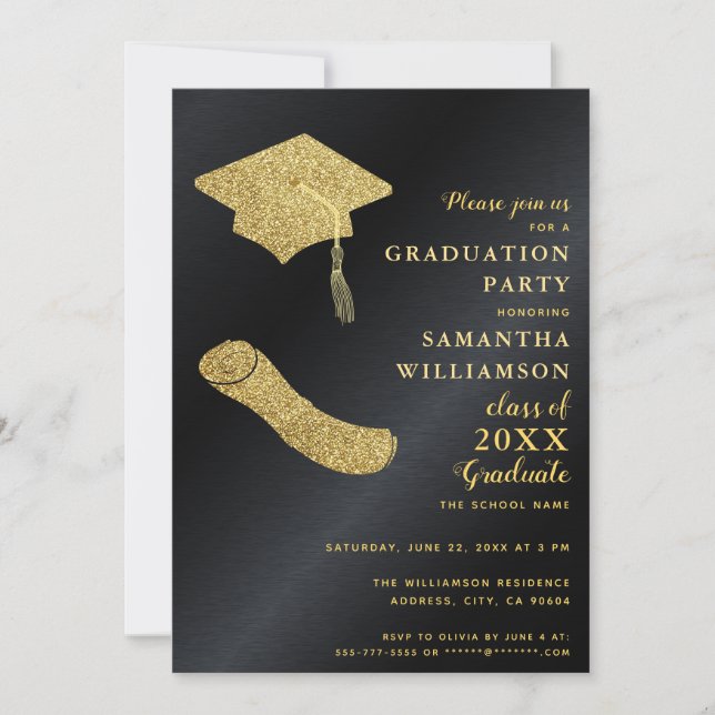 Invitation Elégant Simple Black and Gold Graduation Party (Devant)