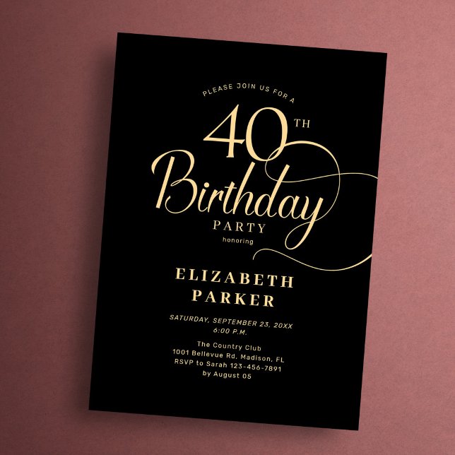 Invitation Elegant Simple Black Gold Script 40th Birthday (Créateur téléchargé)
