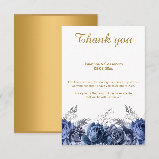 INVITATION ÉLÉGANT SIMPLE BLEU FLORAL OR REVERSE MERCI (Devant / Derrière)