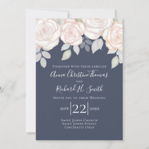 Invitation Élégant simple Blush Rose Floral Navy Blue Foliage