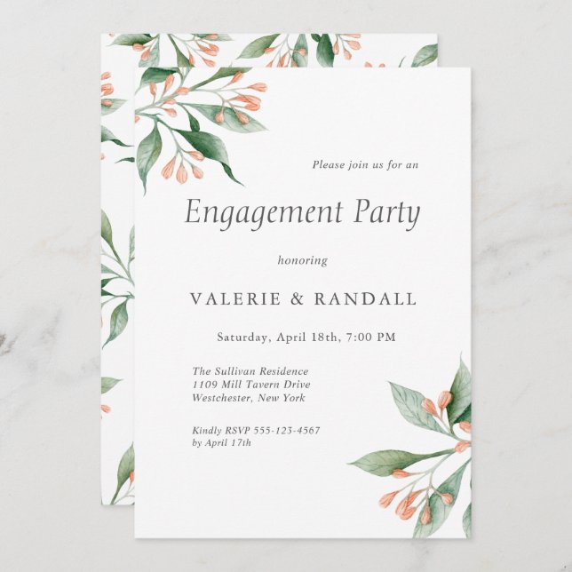Invitation Élégant Simple Botanical Engagement Party (Devant / Derrière)