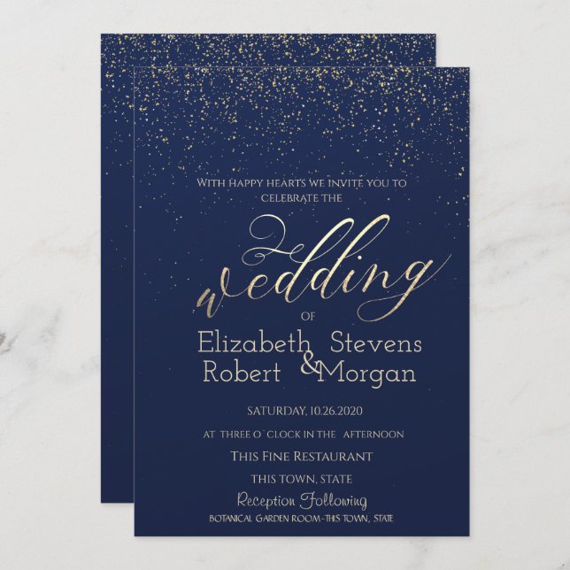 Invitation Elégant simple Confetti Mariage bleu marine (Devant / Derrière)