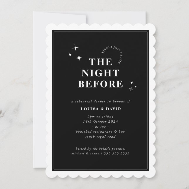 Invitation ÉLÉGANT simple étoiles répétition dîner noir blanc (Devant)