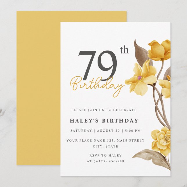 Invitation Élégant Simple Floral Chic 79e Anniversaire (Devant / Derrière)