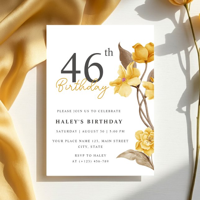 Invitation Élégant Simple Floral Chic Jaune 46e Anniversaire (Créateur téléchargé)