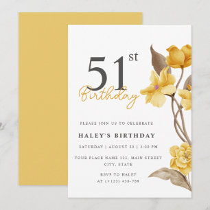 Invitation Élégant Simple Floral Chic Jaune 51e Anniversaire