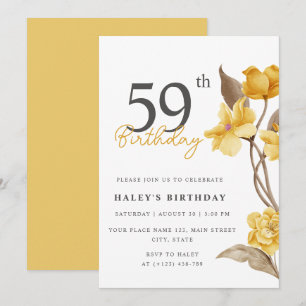Invitation Élégant Simple Floral Chic Jaune 59e Anniversaire