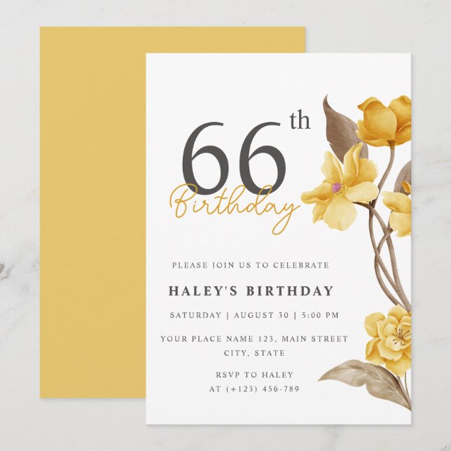 Invitation Élégant Simple Floral Chic Jaune 66e Anniversaire (Devant / Derrière)