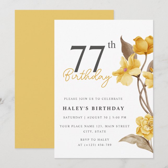 Invitation Élégant Simple Floral Chic Jaune 77e Anniversaire (Devant / Derrière)