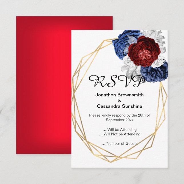 INVITATION ELÉGANT SIMPLE FLORAL MARINE ROUGE RSVP (Devant / Derrière)