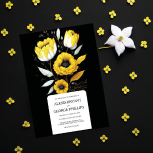 Invitation Elégant simple Jaune Blanc Fleurs Noir Mariage