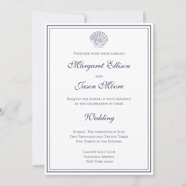 Invitation Elégant simple Mariage de mer blanc et bleu Shell (Devant)