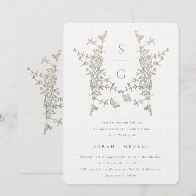 Invitation Élégant simple Mariage de monogramme de crête bota (Devant / Derrière)