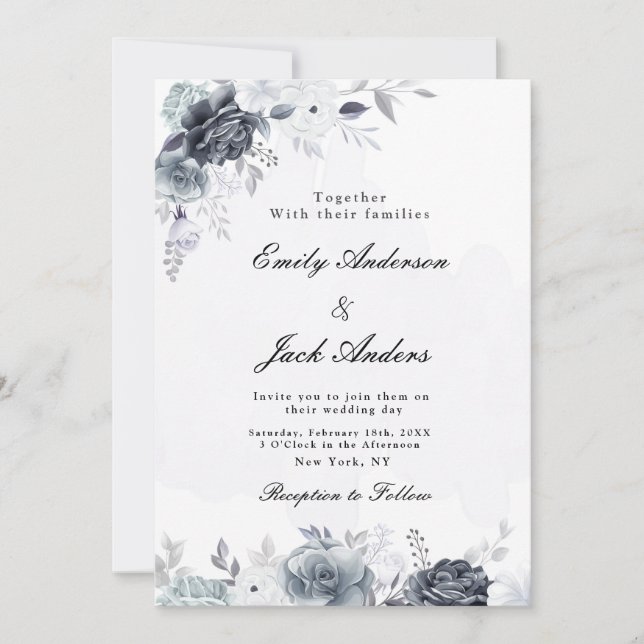 Invitation Élégant simple mariage noir floral (Devant)