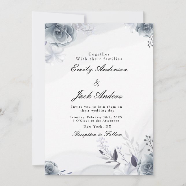 Invitation Élégant simple mariage noir floral (Devant)