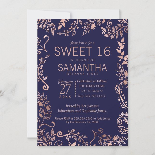 Invitation Elégant Simple Marine Bleu Rose Or Floral Sweet 16 (Devant)