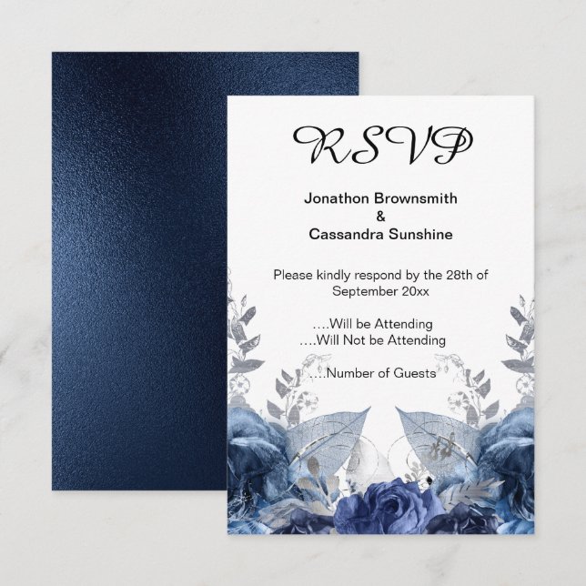 INVITATION ELÉGANT SIMPLE MARINE FLORALE RSVP (Devant / Derrière)