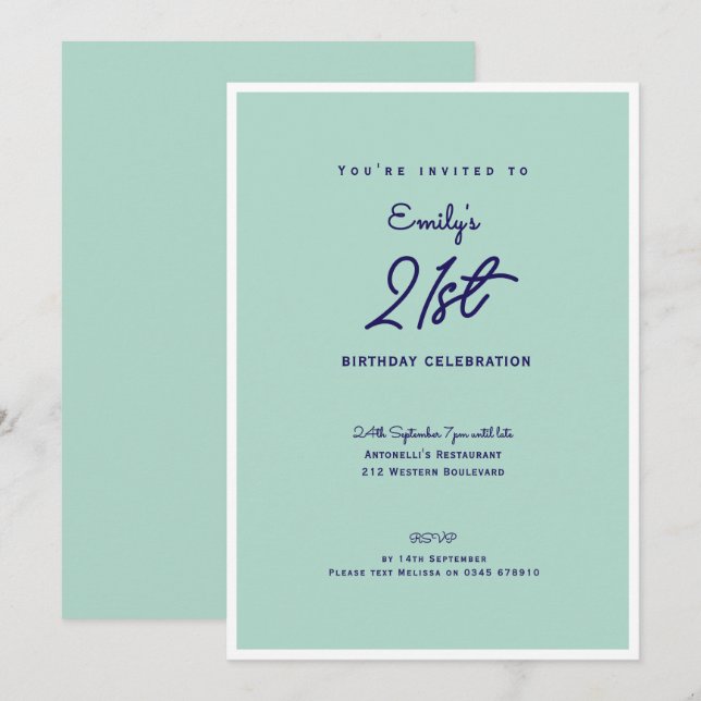 Invitation Elegant Simple Modern Mint 21st Birthday Party (Devant / Derrière)