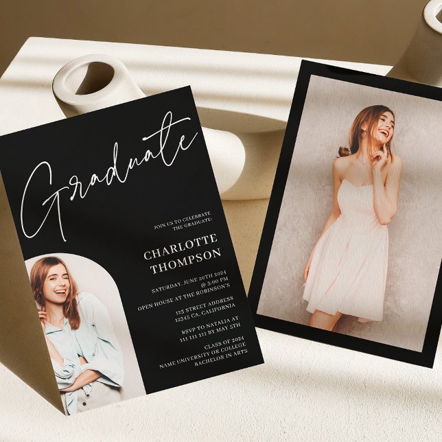 Invitation Élégant simple moderne blanc noir photo graduation (Elegant simple modern white black photo graduation invitation)