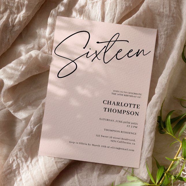 Invitation Elégant simple moderne noir photo blush Sweet 16 (Créateur téléchargé)
