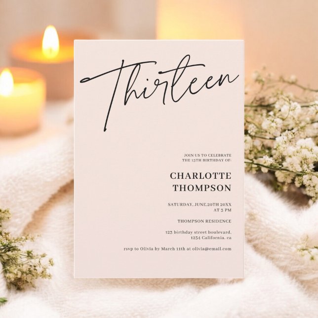 Invitation Elégant simple moderne noir photo blush treize (Elegant simple modern black blush photo Thirteen Invitation)
