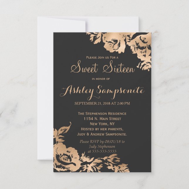 Invitation Élégant Simple Moderne Or Noir Floral Sweet 16 (Devant)