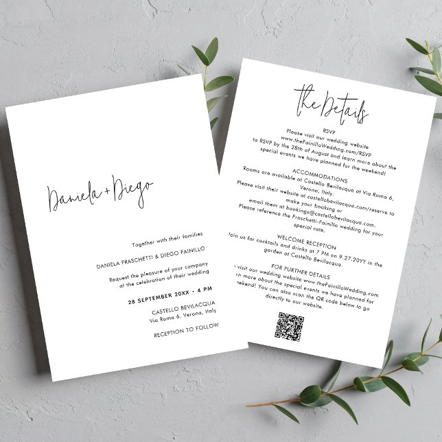 Invitation Élégant simple moderne QR Code Mariage RSVP (Simple, minimalist wedding invitation with QR code and RSVP on back.)