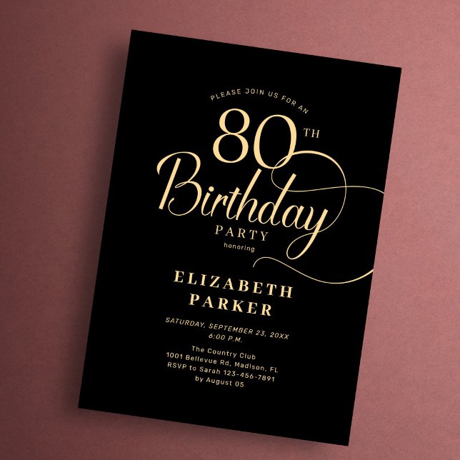 Invitation Elégant Simple Noir Or Écriture 80e Anniversaire (Créateur téléchargé)