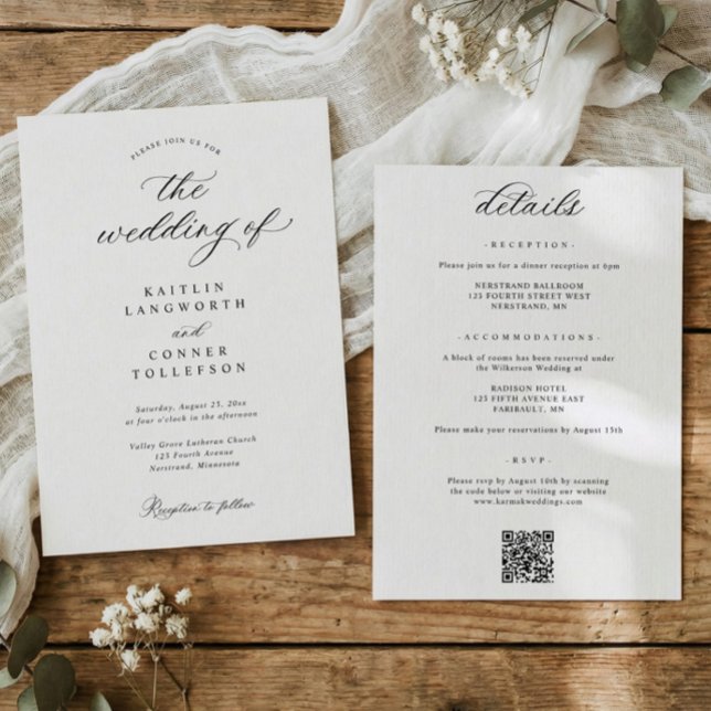 Invitation Elegant Simple Old Money All in One Wedding (Classic black and white all in one wedding invitation with details and QR code on back)